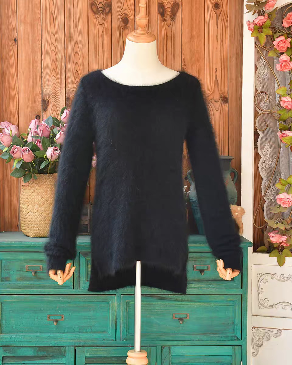 极简风黑色高品质浓密安哥拉长兔毛毛衣 秋冬保暖基础款针织打底