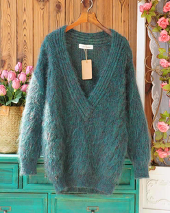 法式慵懒风大V领马海毛毛衣女 混色宽松套头秋冬复古文艺厚款外穿