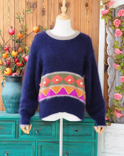 藏青复古民族风几何撞色马海毛毛衣女 软糯宽松套头兔毛拼接针织