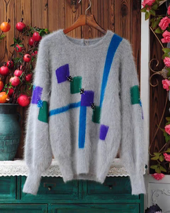 艺术感安哥拉兔毛毛衣女 灰色撞色几何图案钉珠软糯亲肤秋冬针织