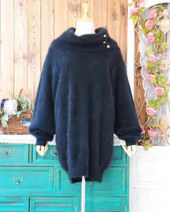 气质温柔风软糯安哥拉兔毛毛衣女 宽松慵懒黑色堆堆领中长针织衫