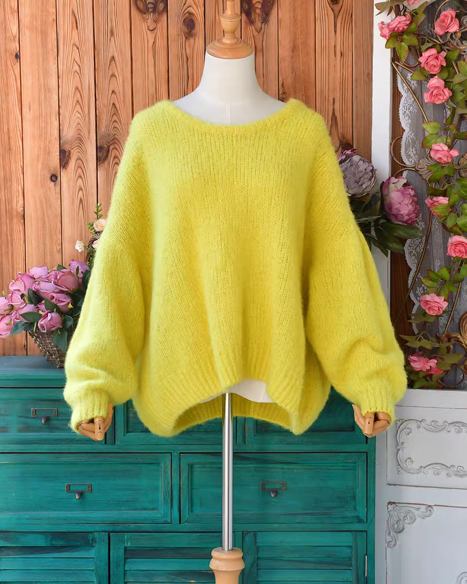 羊驼毛毛衣女秋冬宽松慵懒风黄色圆领套头外穿针织上衣显瘦款