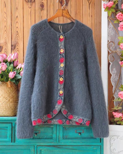 精致复古民族风马海毛毛衣开衫 金属扣提花秋冬宽松慵懒针织外套