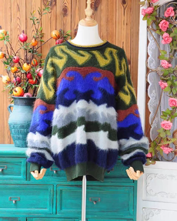 日系原宿森系拼色马海毛毛衣 日本制超柔毛圈宽松慵懒套头针织衫