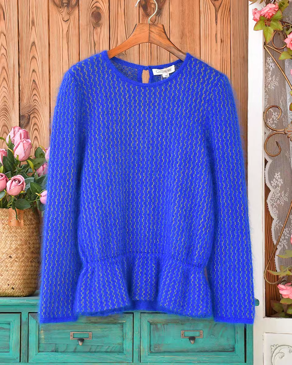 日系复古气质小香风收腰裙摆高端细柔马海毛波纹优雅蓝色毛衣套头