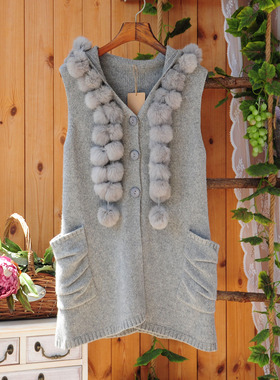 A出口订单 安哥拉兔绒灰色中长款开衫马夹毛衣外套毛球围巾可拆卸