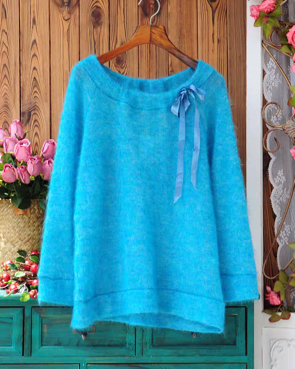 海风信笺 软糯清新温柔甜美大圆领露肩马海毛纯色毛衣套头女蓝色