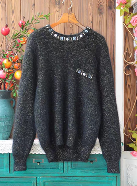 黑色亮丝马海毛毛衣 钉珠装饰圆领套头衫秋冬轻奢宽松针织上衣女