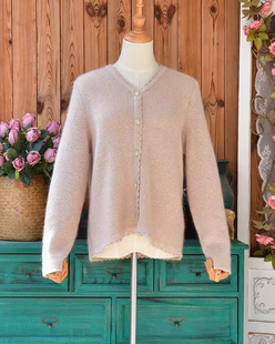 日系森系优雅文艺风 裸粉色花边V领马海毛开衫复古宽松针织外套女