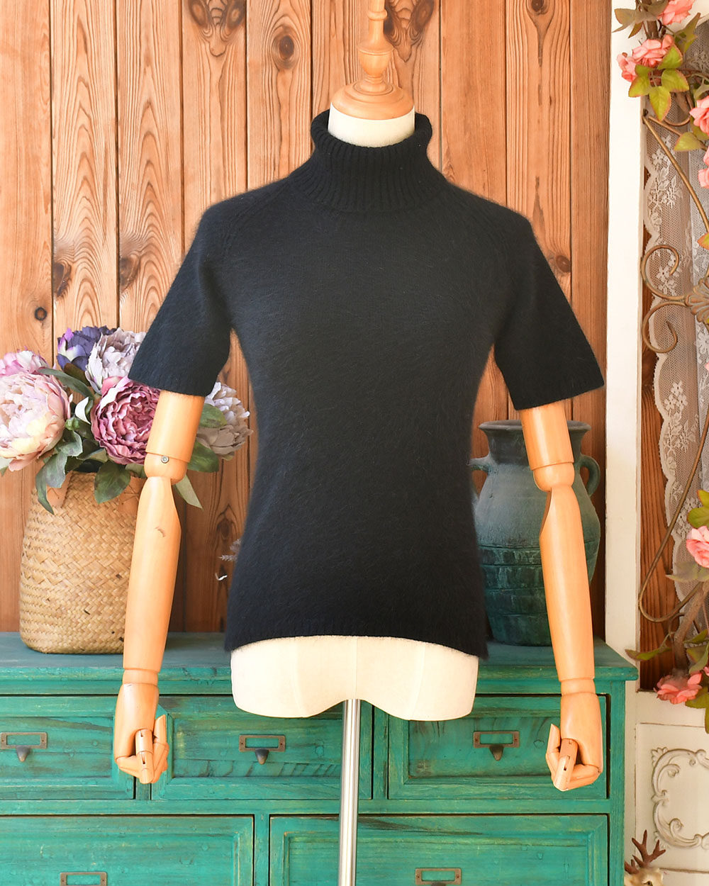 安哥拉兔毛高领短袖毛衣 黑色修身显瘦针织秋冬软糯亲肤打底上衣