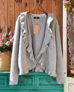 法式甜美风木耳花边安哥拉兔毛兔绒气质灰色毛衣外套无扣女开衫