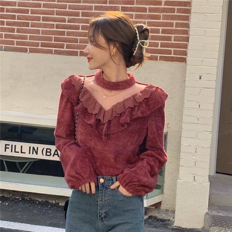 Real shot! Real price! Korean V-neck cut out mesh lace lace lace loose bubble sleeve top