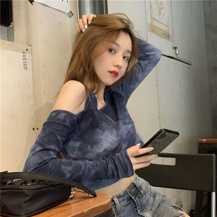 Real shot! Real price! Tie dye design off shoulder long sleeve T-shirt