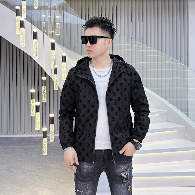 2025年新款植绒连帽休闲夹克钱塘3019-JK9079P145真模黑色，男装夹克，电商A023