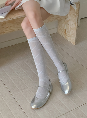 长筒小腿袜子女夏季薄款纯棉镂空漂亮透气高筒蓝色堆堆袜配短裙