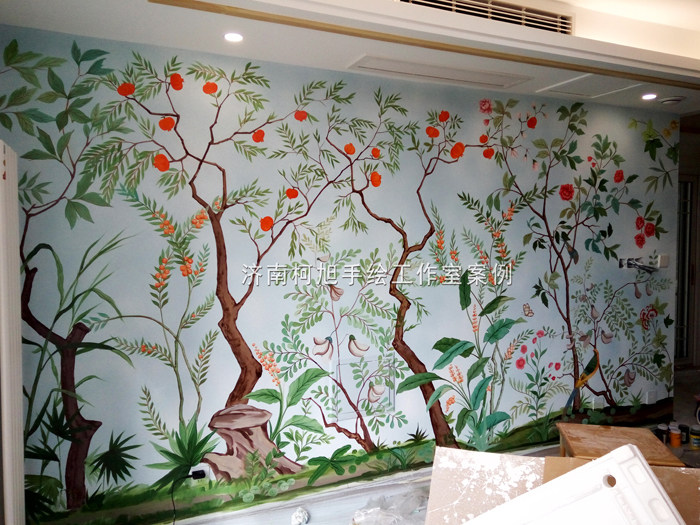 济南墙绘|装饰画墙体彩绘|影视墙彩绘|工笔花鸟装饰图案|可定制