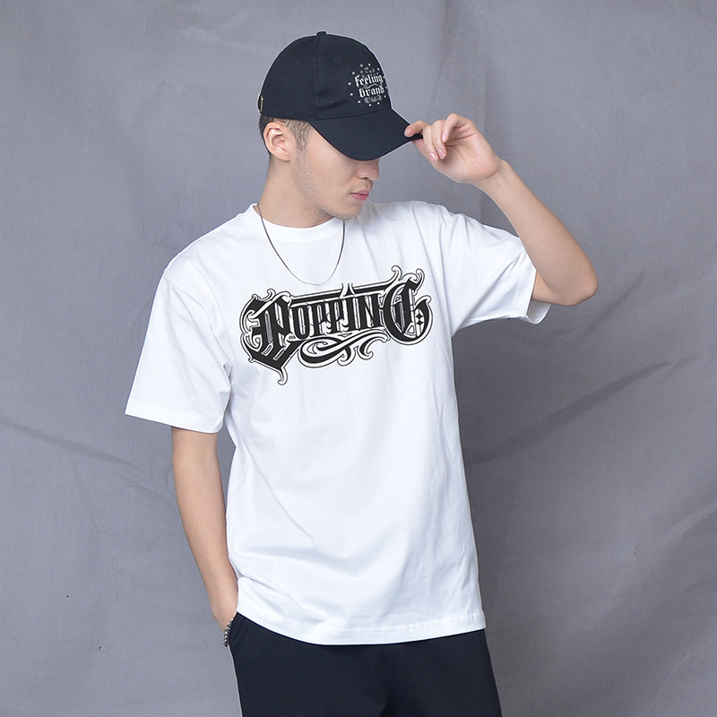 西海岸短袖popping花体字 oversize半袖男潮宽松美式小领口t恤男