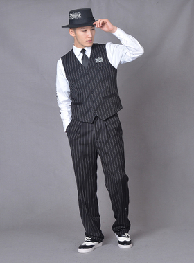 popping演出服雅痞西装男套装locking马甲痞帅西服男街舞表演服装