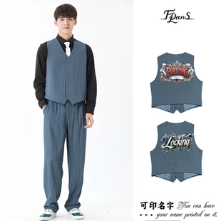 非零旦斯牛仔蓝条纹街舞套装Popping机械舞Locking演出服马甲西装