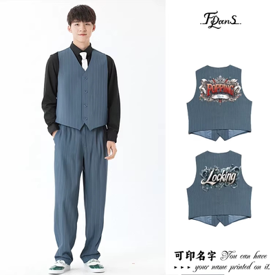 非零旦斯牛仔蓝条纹街舞套装Popping机械舞Locking演出服马甲西装