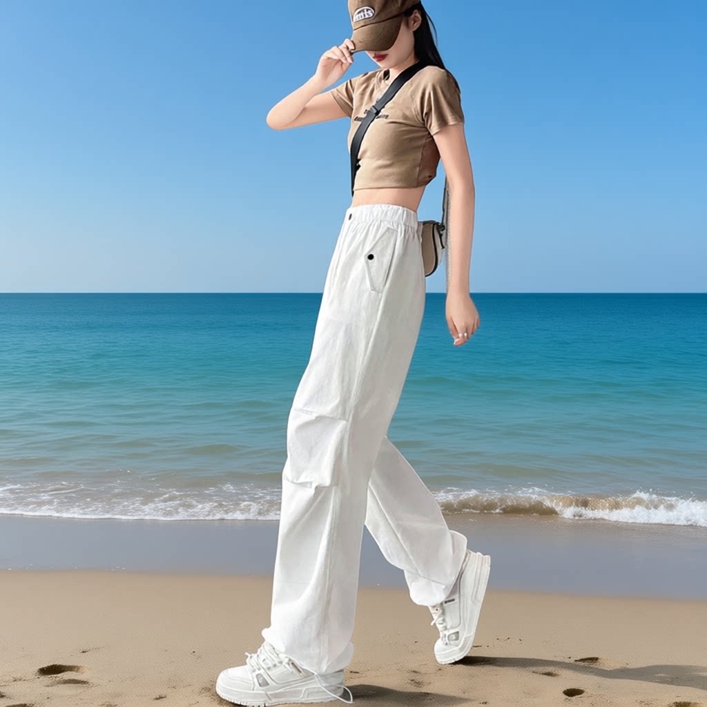白色工装裤女夏季薄款高腰速干防晒阔腿伞兵裤子冰丝直筒裤加长版