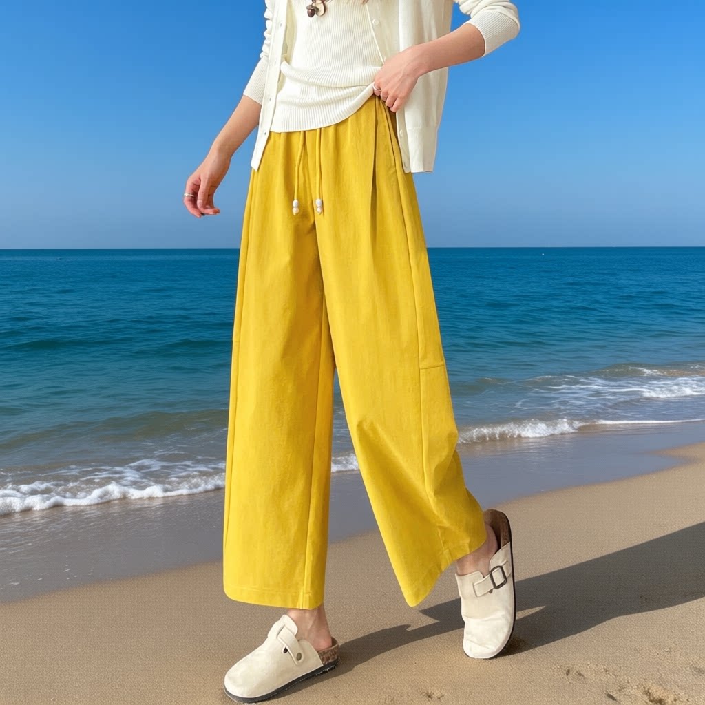 黄色高腰阔腿裤女宽松九分休闲裤慵懒风显瘦直筒裤小个垂感气球裤