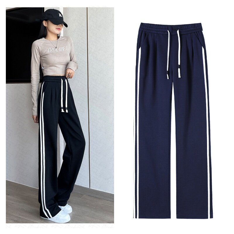 2025年秋季新款蓝色运动休闲裤女加长高个子学生直筒裤窄版阔腿裤