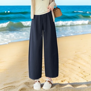 高腰弯刀阔腿裤女宽松显瘦小个子慵懒风休闲裤九分裤垂感气球裤
