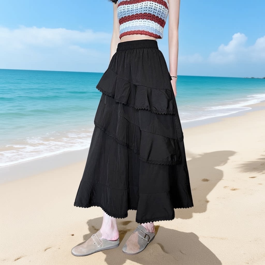 黑色蕾丝不规则蛋糕裙女松紧腰设计感多层裙摆A字半身裙夏季薄款