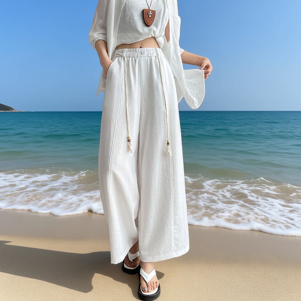 白色高腰亚麻阔腿裤女夏宽松显瘦垂坠感九分休闲裤度假风直筒裤子
