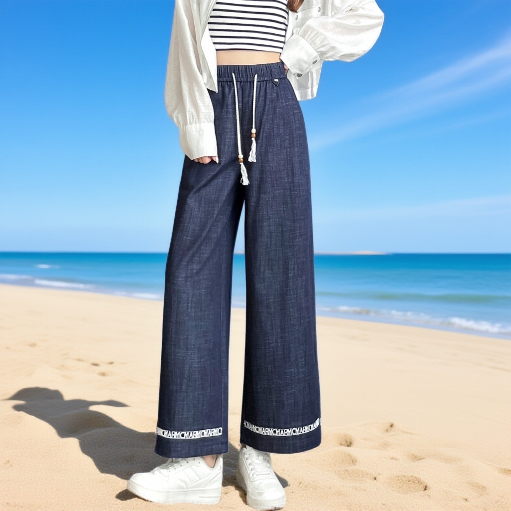 高腰系带阔腿牛仔裤女九分裤显瘦小个子宽松直筒裤夏季女装镂空裤