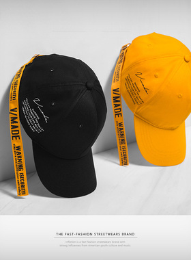 欧美街头ins潮牌嘻哈长飘带硬顶棒球帽男女情侣春秋款黄色鸭舌帽