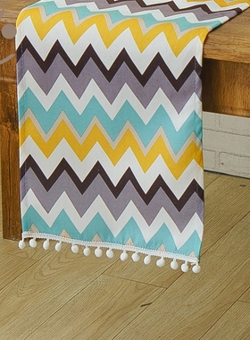 Light Blue Geometric Pattern Printed Table Runner With Ball