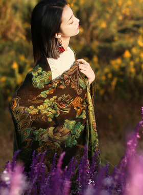 超大出游保暖拍照加厚民族风水煮羊毛大披毯披肩暖咖色205*145cm