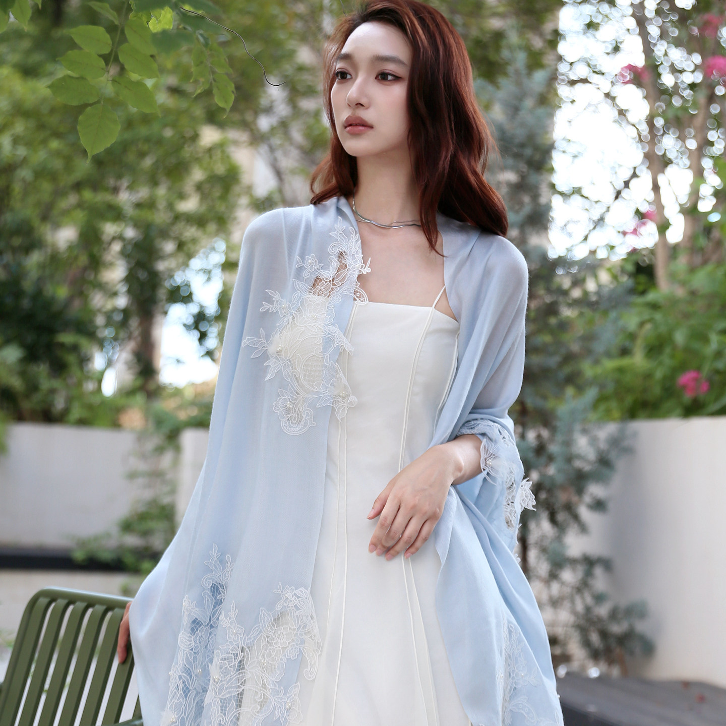 仙~名媛唯美钉珠蕾丝空调披肩围巾羊绒女时尚百搭送礼新款显白蓝