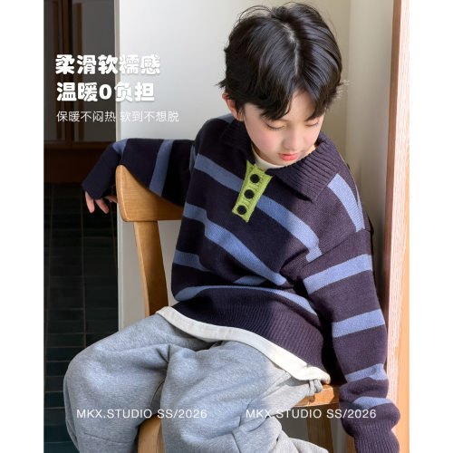 男童冬季加厚条纹POLO毛衣新款