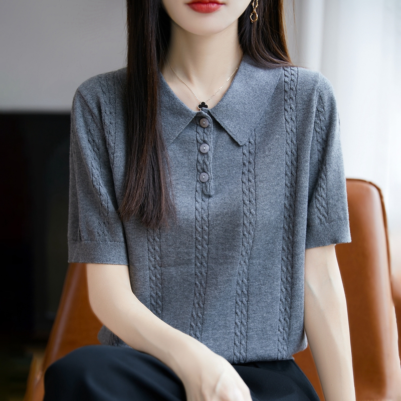 2025新款Polo领短袖针织衫女款蝴蝶结绞花胖MM体恤衫半袖灰黑白色