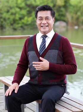 中老年人爸爸装爷爷本命年红色羊毛开衫男加绒加厚毛衣外套爷爷装