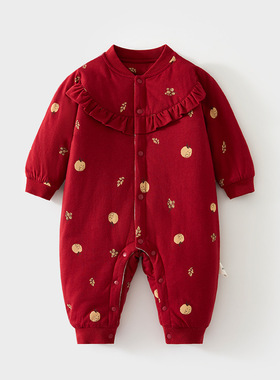 婴儿加棉大红连体衣60克拜年服男女宝宝夹棉秋冬装满月喜庆爬服