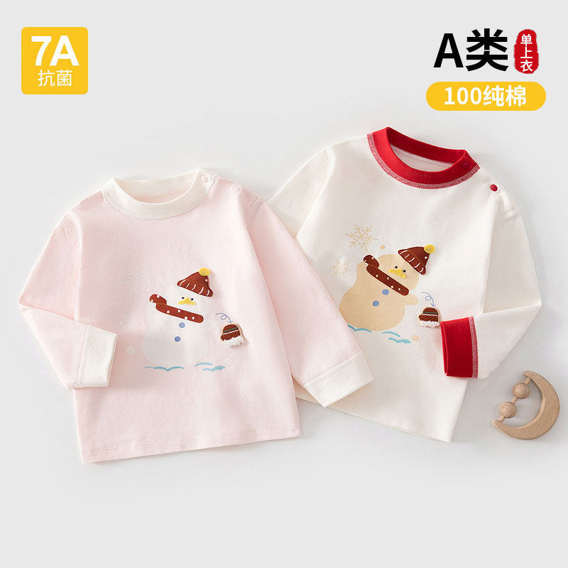 雪人婴儿衣服男童长袖t恤宝宝春装春秋女童休闲上衣儿童纯棉打底