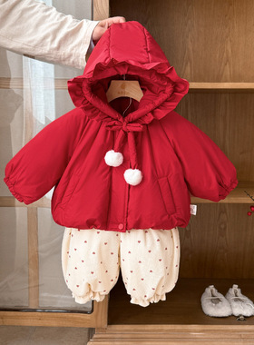 2025新款婴儿红色棉服冬季女宝宝连帽加厚套装过年两件套