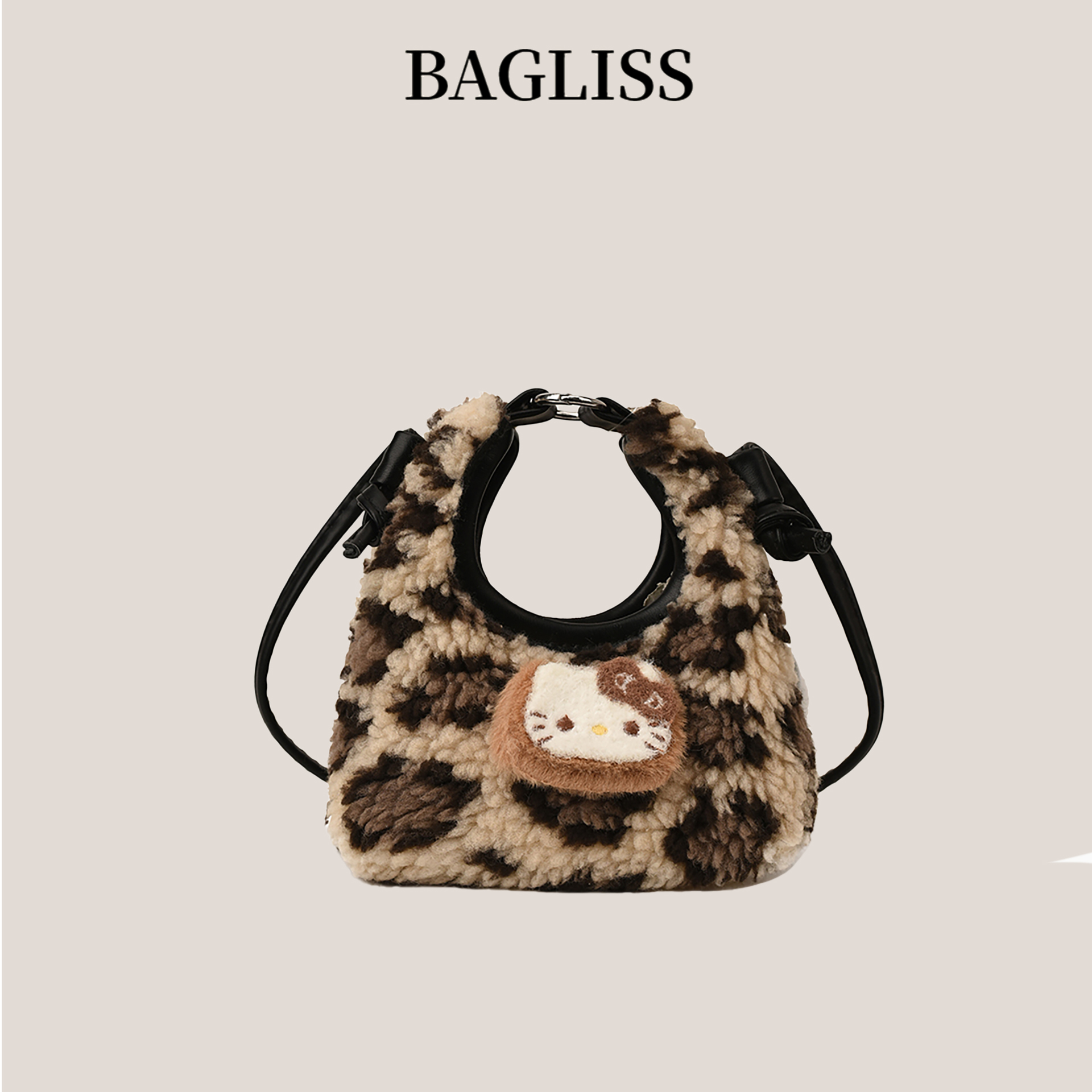 羊羔毛豹纹猫咪斜跨手拎迷你零钱配饰小包可爱宝宝出游单肩包小童