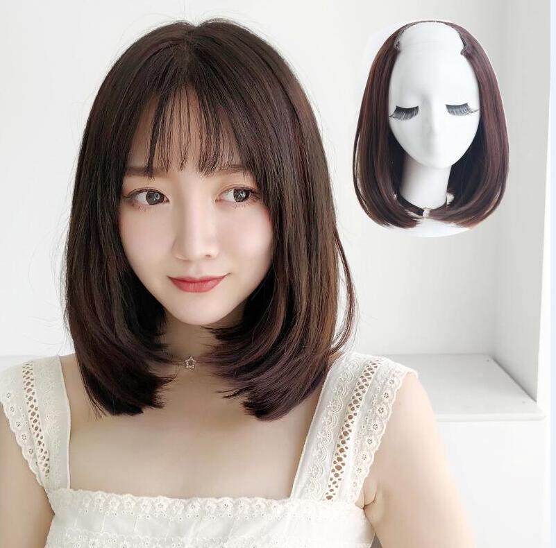 亚溪真发v型一片式假发女隐形无痕齐肩短发u型半头套内扣微卷35长