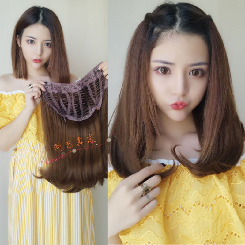 U型无刘海隐形无痕半头套真人发假发套女 梨花卷内扣中长直发短发