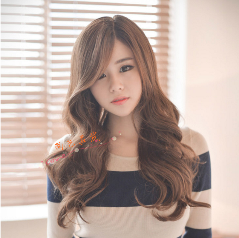 真发发套假发女逼真三七分长斜刘海大波浪蓬松长卷发整顶假发头套