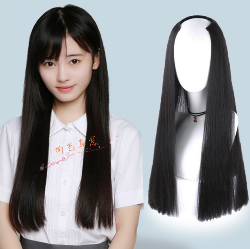 新款u型真人发假发半头套无刘海 长直发厚重发尾一刀齐一片式假发