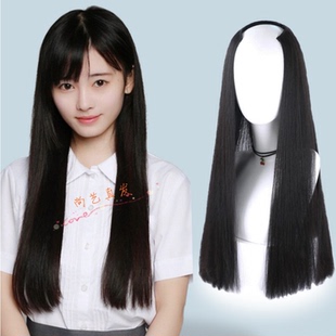 长直发厚重发尾一刀齐一片式 假发 U型真人发假发半头套无刘海 新款