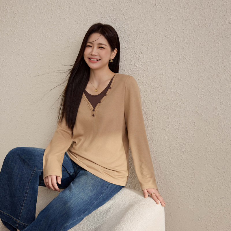 【设计感撞色百搭显瘦正肩针织衫】纤莉秀大码女装胖mm2025秋新款