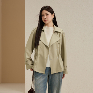 女装 纤莉秀大码 时髦干练短上衣胖mm秋新款 收腰双排扣百搭外套