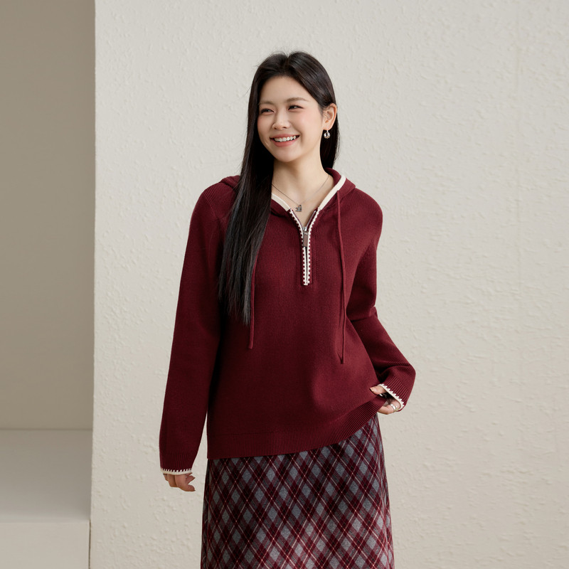 【红梅映雪】早春连帽半拉链针织毛衣纤莉秀大码女装胖mm春装新款,女装/女士精品,大码内搭,淘宝优惠券,粉丝福利购,淘宝优惠卷